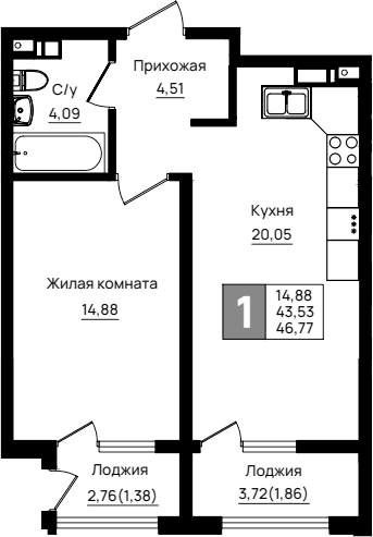 Продается 1-комн. квартира, 43.53 м²