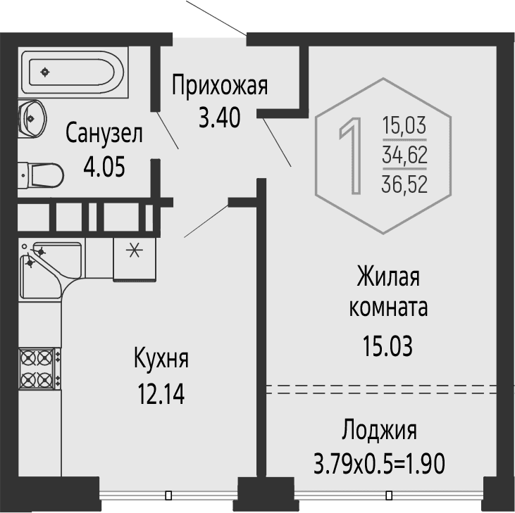 Продается 1-комн. квартира, 34.62 м²