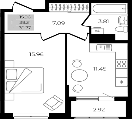 Продается 1-комн. квартира, 38.31 м²