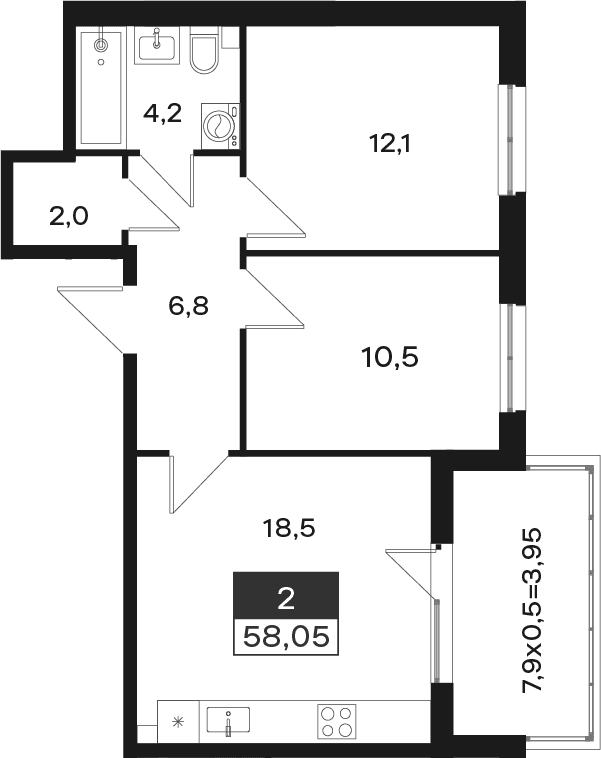 Продается 2-комн. квартира, 54.1 м²