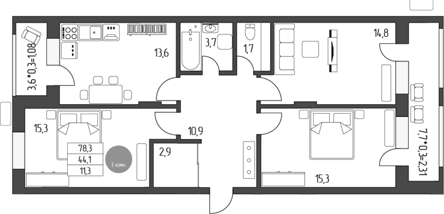 Продается 3-комн. квартира, 78.38 м²