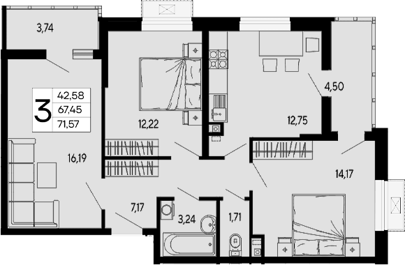 Продается 3-комн. квартира, 67.45 м²