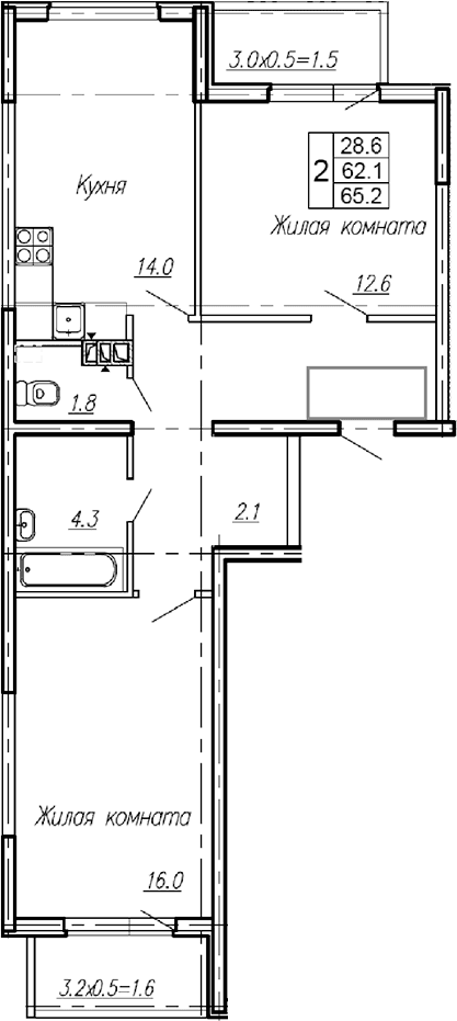Продается 2-комн. квартира, 62.1 м²