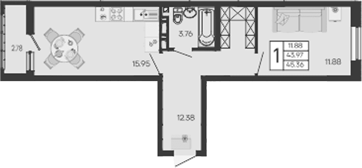 Продается 1-комн. квартира, 43.97 м²