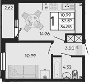 Продается 1-комн. квартира, 33.57 м²