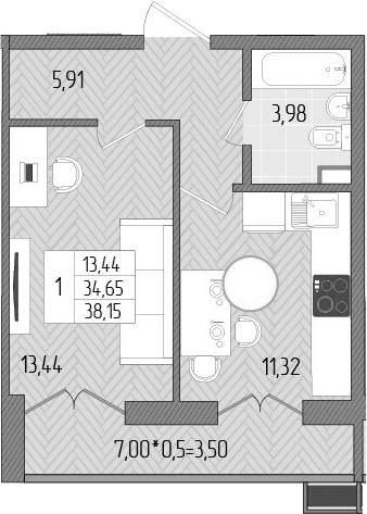 Продается 1-комн. квартира, 34.65 м²