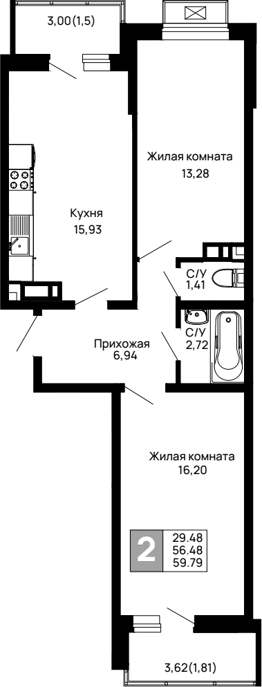 Продается 2-комн. квартира, 56.48 м²
