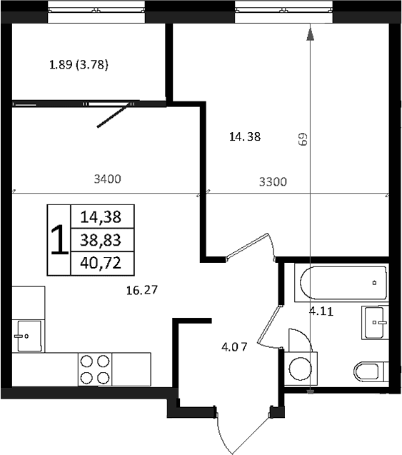Продается 2-комн. квартира, 38.83 м²