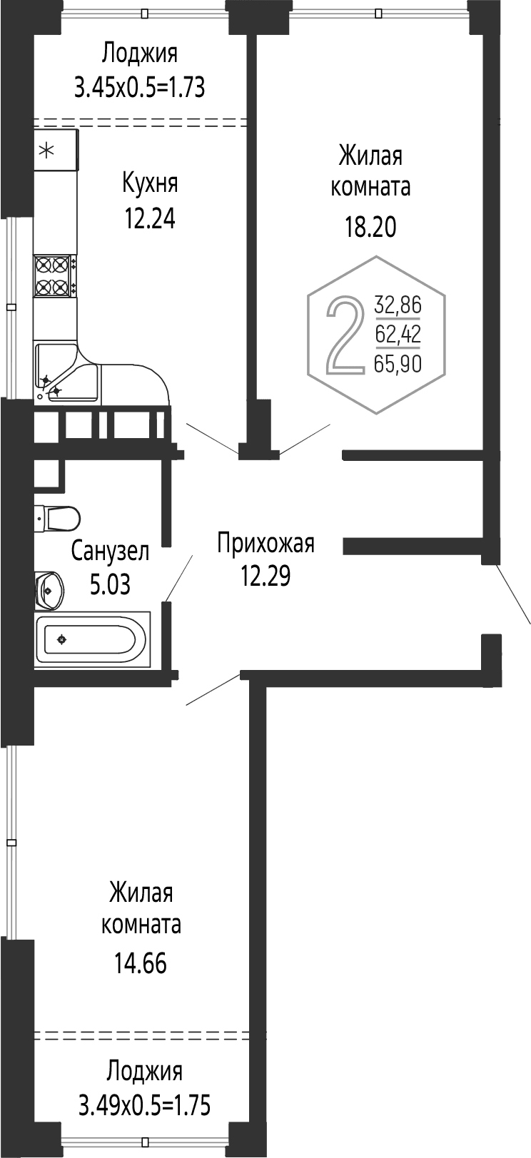 Продается 2-комн. квартира, 62.42 м²