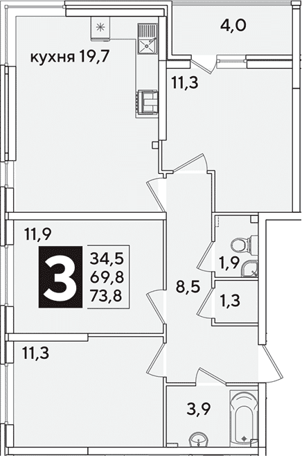 Продается 4-комн. квартира, 69.8 м²