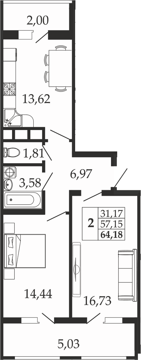 Продается 2-комн. квартира, 57.15 м²