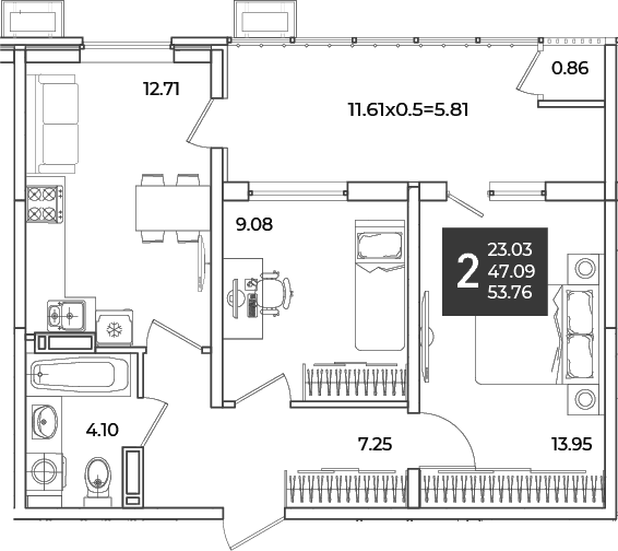 Продается 2-комн. квартира, 47.09 м²