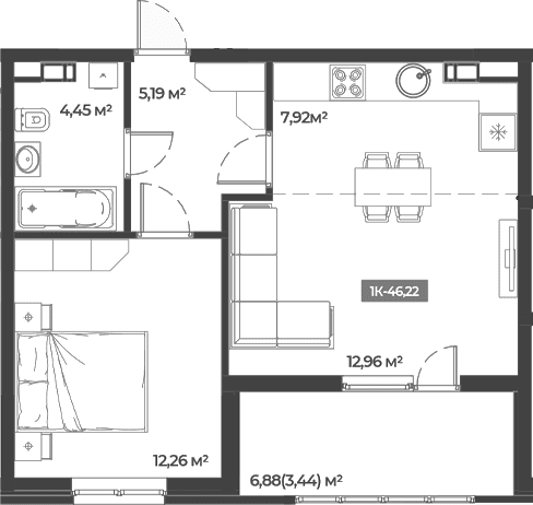 Продается 1-комн. квартира, 42.78 м²