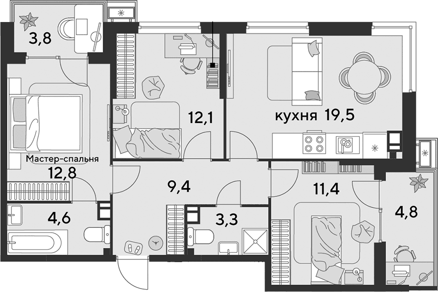 Продается 4-комн. квартира, 74.4 м²
