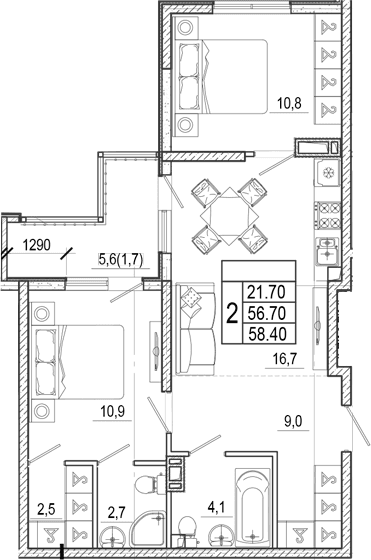 Продается 2-комн. квартира, 56.7 м²