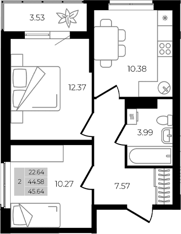 Продается 2-комн. квартира, 44.58 м²