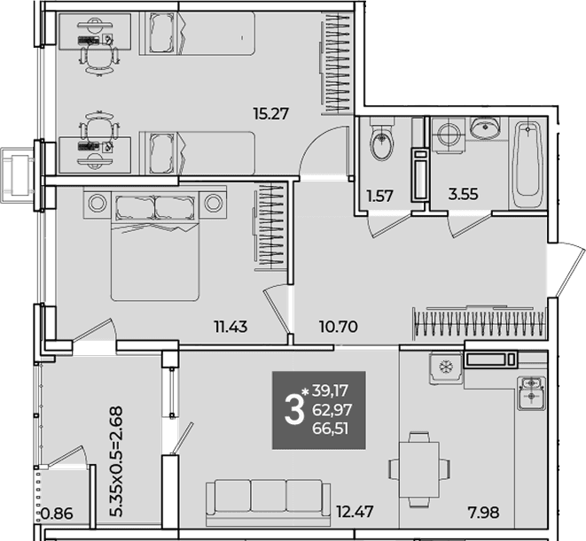 Продается 2-комн. квартира, 62.97 м²