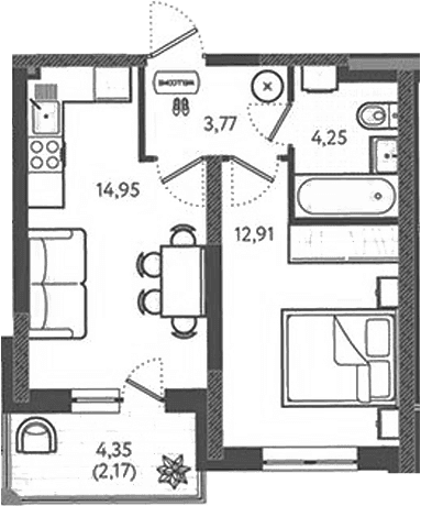 Продается 1-комн. квартира, 33.95 м²