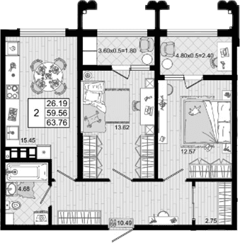 Продается 2-комн. квартира, 59.56 м²