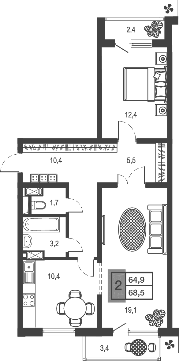 Продается 2-комн. квартира, 62.68 м²
