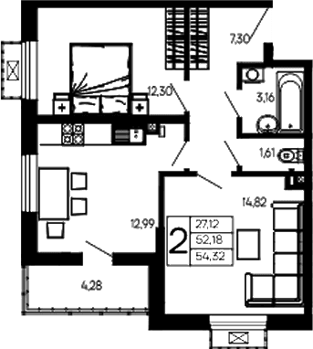 Продается 2-комн. квартира, 52.18 м²