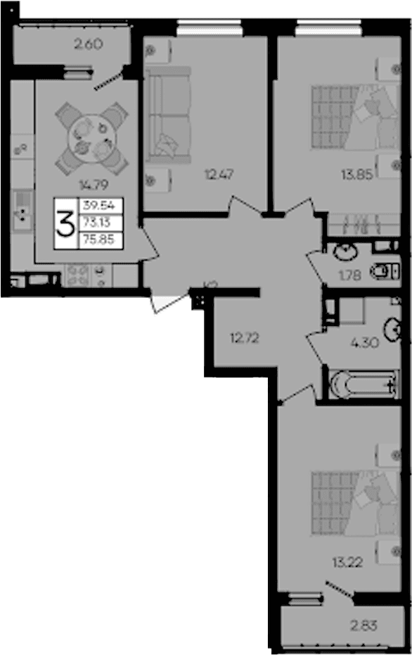 Продается 3-комн. квартира, 73.13 м²