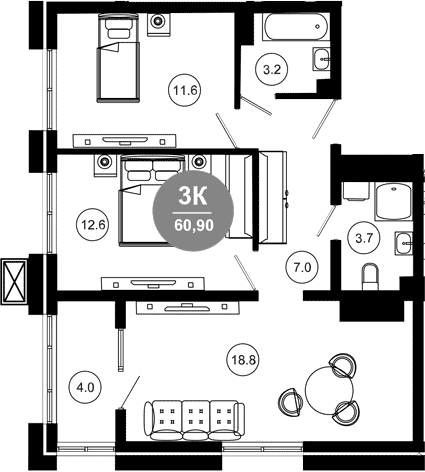 Продается 3-комн. квартира, 56.9 м²