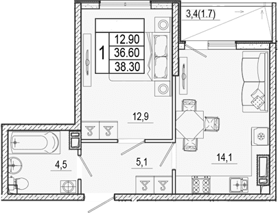 Продается 1-комн. квартира, 36.6 м²