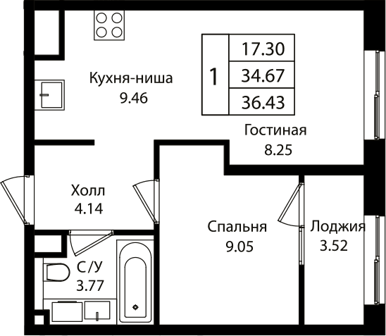 Продается 2-комн. квартира, 34.44 м²