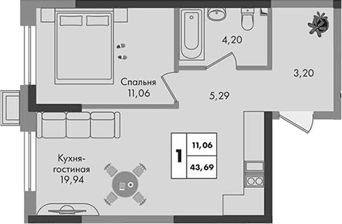 Продается 1-комн. квартира, 43.69 м²