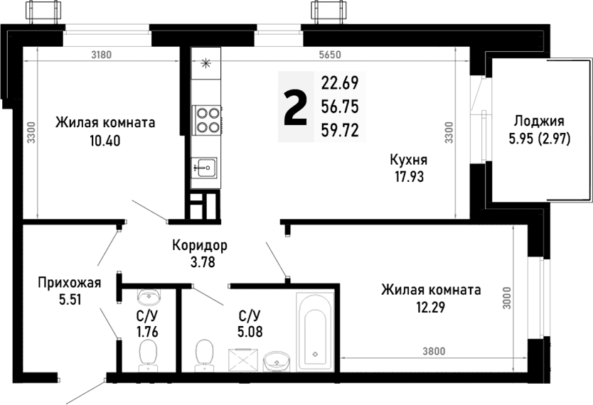 Продается 2-комн. квартира, 56.75 м²