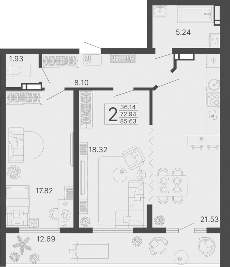 Продается 2-комн. квартира, 72.94 м²