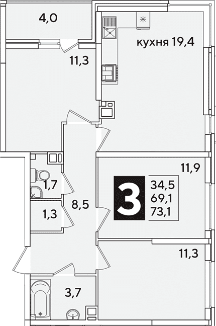 Продается 4-комн. квартира, 69.1 м²