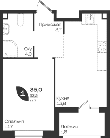 Продается 1-комн. квартира, 33.2 м²