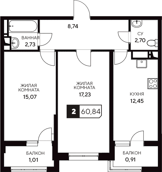 Продается 2-комн. квартира, 58.92 м²