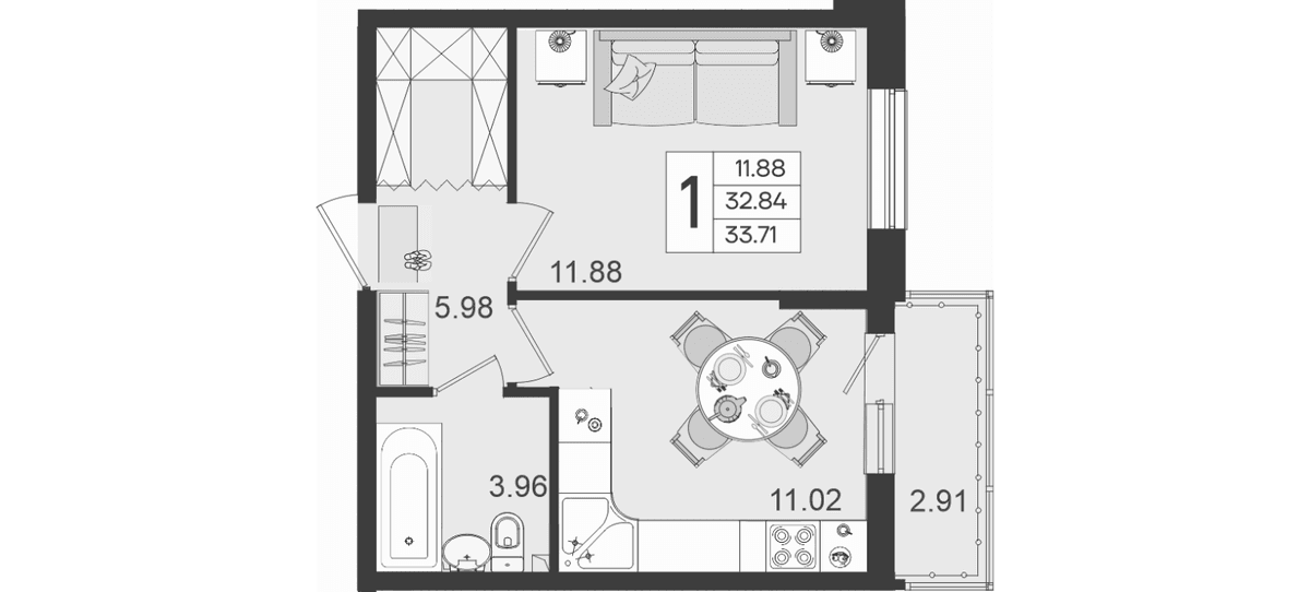 Продается 1-комн. квартира, 32.84 м²