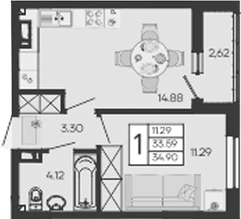 Продается 1-комн. квартира, 33.59 м²