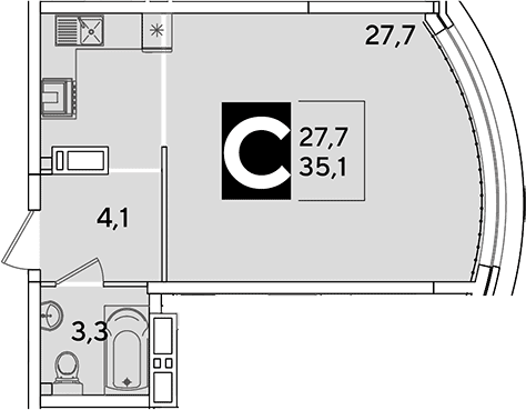 Продается 1-комн. квартира, 35.1 м²