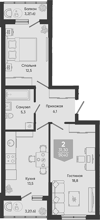 Продается 2-комн. квартира, 56.2 м²