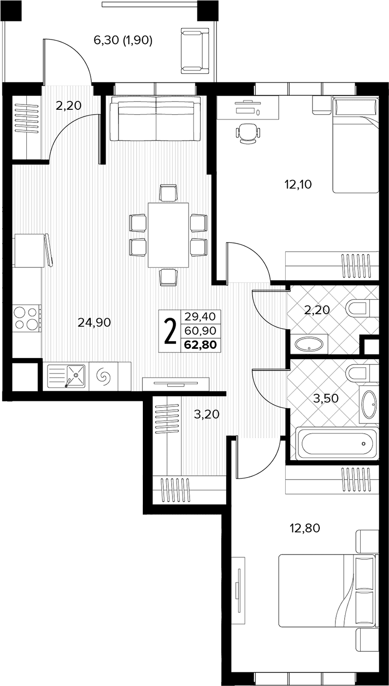 Продается 2-комн. квартира, 60.9 м²