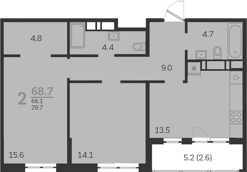 Продается 2-комн. квартира, 66.1 м²