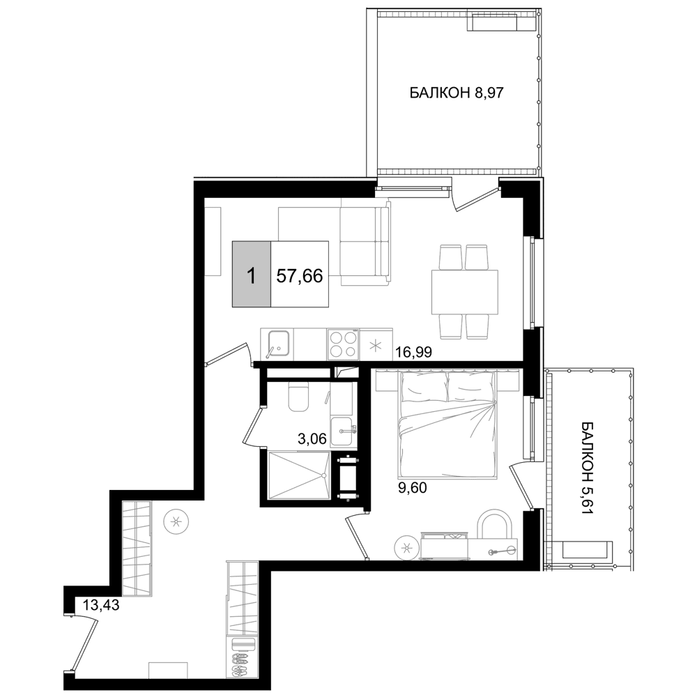 Продается 2-комн. квартира, 43.08 м²