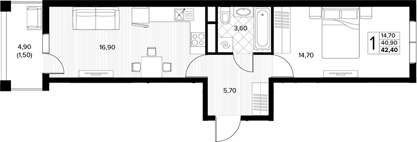 Продается 1-комн. квартира, 40.9 м²