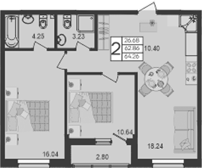Продается 2-комн. квартира, 62.86 м²