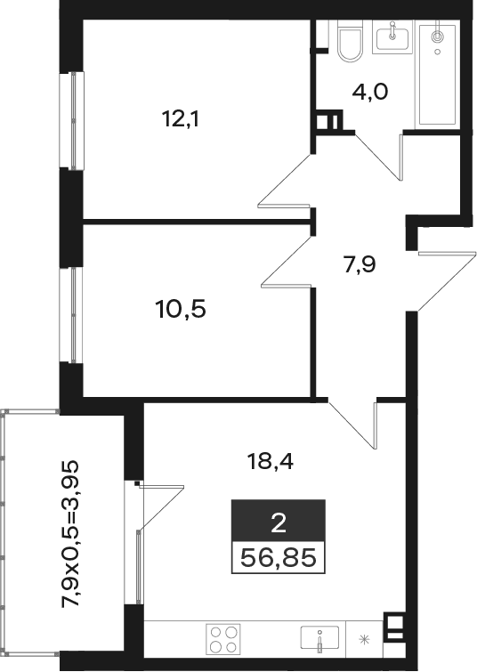 Продается 2-комн. квартира, 52.9 м²
