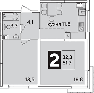 Продается 2-комн. квартира, 51.7 м²