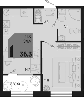 Продается 1-комн. квартира, 34.4 м²