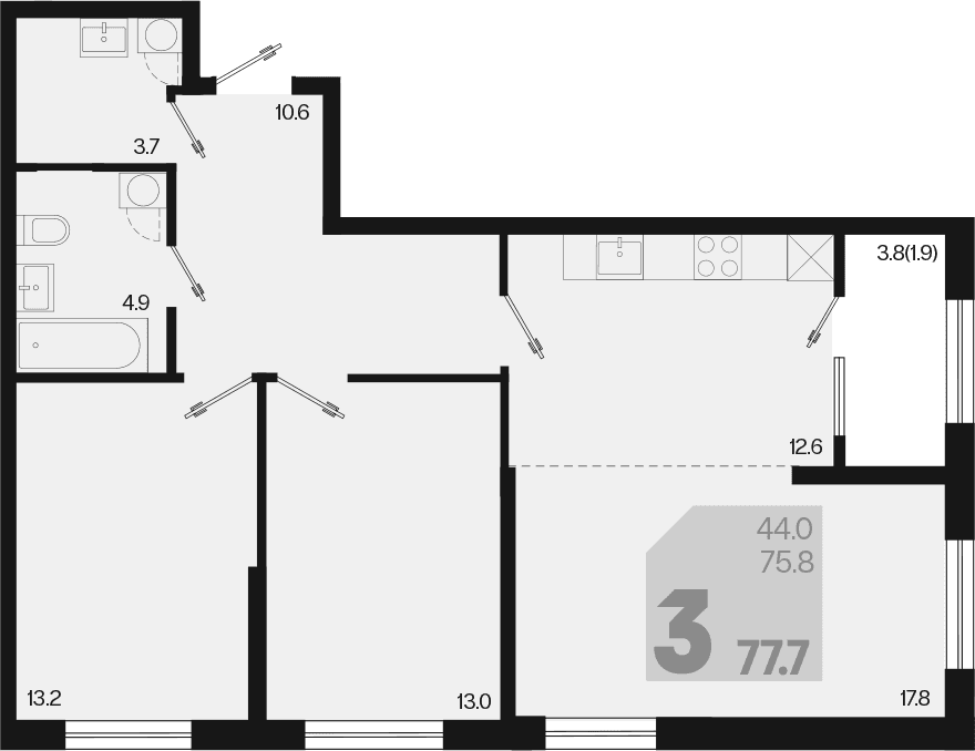 Продается 3-комн. квартира, 75.8 м²