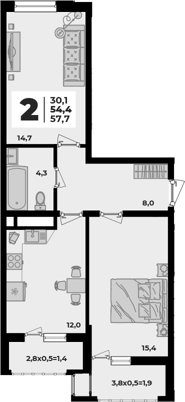 Продается 2-комн. квартира, 54.4 м²