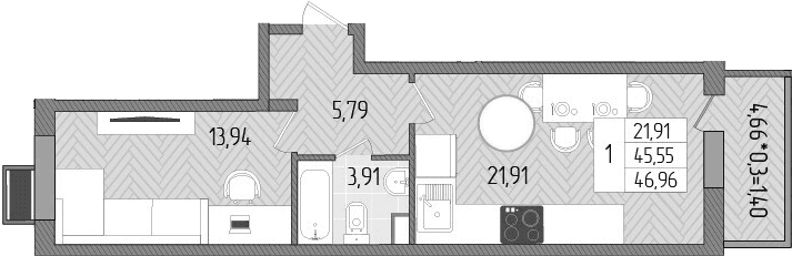 Продается 1-комн. квартира, 45.55 м²